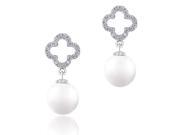 18k White Gold Plated White Shell Pearl with Cubic Zirconia Clover Drop Earrings 10 10.5 mm by ORROUS CO