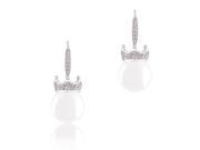 18k White Gold Plated White Shell Pearl with Cubic Zirconia Accented Crown Drop Earrings 12 12.5 mm