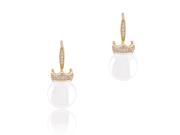 18k Yellow Gold Plated White Shell Pearl with Cubic Zirconia Accented Crown Drop Earrings 12 12.5 mm