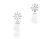 18k White Gold Plated White Shell Pearl with Cubic Zirconia Snowflake Drop Earrings 10 10.5 mm