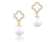 18k Yellow Gold Plated White Shell Pearl with Cubic Zirconia Clover Drop Earrings 10 10.5 mm