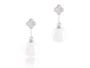 18k White Gold Plated White Shell Pearl with Cubic Zirconia Clover Drop Earrings 9 9.5 mm by ORROUS CO