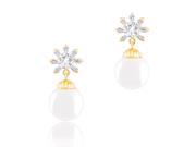 18k Gold Plated White Shell Pearl with Cubic Zirconia Snowflake Drop Earrings 10 10.5 mm