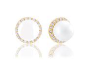 18k Gold Plated Round Shell Pearl with Cubic Zirconia Halo Stud Earrings 8 8.5 mm