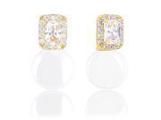 18k Gold Plated Round Shell Pearl and Emerald Cut Halo Cubic Zirconia Stud Earrings 10 10.5mm 0.95 carats