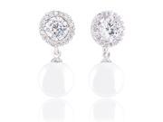 18k Gold Plated Round Shell Pearl and Solitaire Cubic Zirconia Halo Earrings 10.5 11mm 1.50 carats