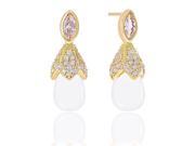 18k Gold Plated White Shell Pearl with Cubic Zirconia Accented Drop Earrings 8 8.5mm 1.25 carats