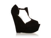 ShuWish ENYA Black Faux Suede Wedge Very High Heel Platform Peep Toes Shoes Size US 9 Black