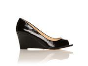 HONEY Black Patent PU Leather Wedge Mid Heel Peep Toe Shoes Size US 7