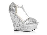 ShuWish ENYA Glitter Wedge Very High Heel Platform Peep Toes Shoes Size US 9 Silver