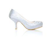 ShuWish ANNIE Satin Kitten Mid Heel Diamante Evening Court Shoes Size US 6 Silver