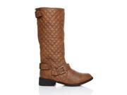 CARMEN Tan PU Leather Block Low Heel Quilted High Calf Snow Winter Boots Size US 6