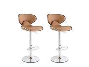 Adeco Coffee Brown Cushioned Leatherette Adjustable Barstool Chair Curved Back Chrome Finish Pedestal Base Set of two