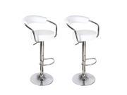 Adeco White Leatherette Cushioned Adjustable Barstool Chair with Curved Back and Chrome Arms Pedestal Base Set of 2