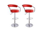Adeco Red Leatherette Cushioned Adjustable Barstool Chair with Curved Back and Chrome Arms Pedestal Base Set of 2