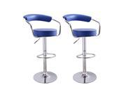 Adeco Blue Leatherette Cushioned Adjustable Barstool Chair with Curved Back and Chrome Arms Pedestal Base Set of 2