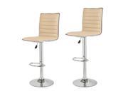 Adeco Beige Hydraulic Lift Adjustable Barstool with Leather Look and Horizontal Channel Tufting Chrome Accent Pedestal Base Set of 2