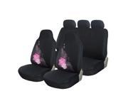 Adeco 7 Piece Car Vehicle Protective Seat Covers Universal Fit Black with Pink Hawaiian Flower Detail