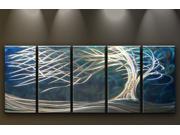 Metal Wall Art Modern Landscape Contemporary Sculpture White Tree Blue 5 Panels