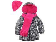 Pink Platinum Little Girls Zebra Hooded Puffer Jacket Scarf and Hat 3Pc Set White 2T