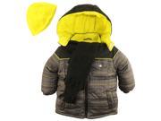 iXtreme Toddler Boys Plaid Expedition Hodded Puffer Winter Coat Fleece Scarf Hat Black 2T