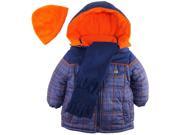 iXtreme Toddler Boys Plaid Expedition Hodded Puffer Winter Coat Fleece Scarf Hat Navy 2T