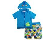 Wippette Little Boys Angry Fish Swim Trunk and Hooded Terry Coverup Beach Set Blue 4T