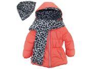 Pink Platinum Little Girls Solid Puffer Cheetah Hat and Scarf Winter Coat Set Coral 4T