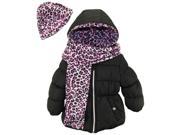 Pink Platinum Little Girls Solid Puffer Cheetah Hat and Scarf Winter Coat Set Black 2T