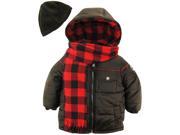 Ixtreme Little Boys Rip Stop in Buffalo Plaid Puffer Winter Jacket Scarf Hat Set Black 2T