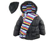 Pink Platinum Little Girls Puffer Coat with Stripe Scarf and Hat Charcoal 3T