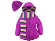 Pink Platinum Little Girls Puffer Coat Set with Stripe Lining Scarf and Hat Purple Flower 6X