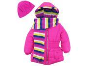 Pink Platinum Little Girls Winter Puffer Coat with Stripe Lining Scarf and Hat Bright Pink 2T