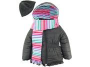 Pink Platinum Little Girls Puffer Ruffle Coat with Stripe Lining Scarf and Hat Charcoal 3T