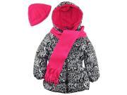 Pink Platinum Little Girls Puffer Coat with Animal Print Scarf and Hat White 5 6