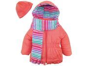 Pink Platinum Little Girls Puffer Ruffle Coat with Stripe Lining Scarf and Hat Coral 3T