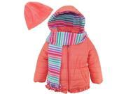 Pink Platinum Little Girls Puffer Ruffle Coat with Stripe Lining Scarf and Hat Coral 4