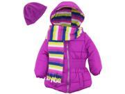 Pink Platinum Little Girls Puffer Coat with Stripe Lining Scarf and Hat Purple Flower 4T
