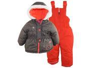 Rugged Bear Baby Girls Flower Detail Puffer Jacket 2 Piece Snowsuit Bib Set Charcoal 12 Months