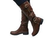 Womens Knee High Flat Low Chunky Heel Wide Fit Biker Riding Leather Style Boots