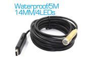 14mm USB Waterproof Copper Head Industrial Endoscope Borescope Video Camera 4 LEDs Night Vision Inspection Snake Scope Camera 5M