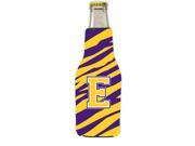 Tiger Stripe Purple Gold Letter E Initial Longneck Beer Beverage Insulator Zipper Hugger