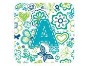 Set of 4 Letter A Flowers and Butterflies Teal Blue Foam Coasters CJ2006 AFC
