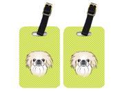 Pair of Checkerboard Lime Green Pekingese Luggage Tags BB1283BT