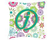 Letter J Flowers Pink Teal Green Initial Canvas Fabric Decorative Pillow CJ2011 JPW1818