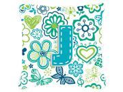 Letter J Flowers and Butterflies Teal Blue Canvas Fabric Decorative Pillow CJ2006 JPW1818