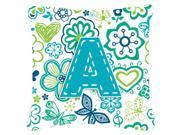Letter A Flowers and Butterflies Teal Blue Canvas Fabric Decorative Pillow CJ2006 APW1414