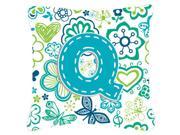Letter Q Flowers and Butterflies Teal Blue Canvas Fabric Decorative Pillow CJ2006 QPW1818