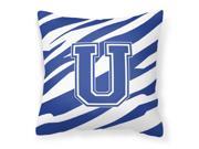 Monogram Initial U Tiger Stripe Blue and White Decorative Canvas Fabric Pillow