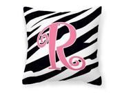 Monogram Initial R Zebra Stripe and Pink Decorative Canvas Fabric Pillow CJ1037
